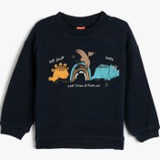 Resim Erkek Bebek Sweatshirt Dinozor Baskılı Bisiklet Yaka Uzun Kollu Dokulu Pamuklu 