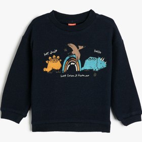 Resim Erkek Bebek Sweatshirt Dinozor Baskılı Bisiklet Yaka Uzun Kollu Dokulu Pamuklu 