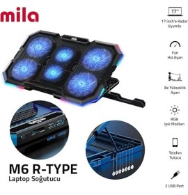 Resim Mila Serisi M6 R-Type 15-17 Inch Uyumlu 2200 Rpm, Rgb Işıklı, 6 Fan, Telefon Stand, 2 USB Notebook Soğutucu Stand 