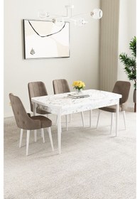 Resim Mabel Beyaz Mermer Desen 80x132 Açılabilir Yemek Odası Takımı 4 Adet Sandalye Cappucino 