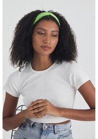 Resim Beyaz Kısa Kol Bisiklet Yaka Vücuda Oturan Kaşkorse Crop + Bandana Set %100 Pamumklu, Esnek Rahat Beyaz-fıstık Yeşili 