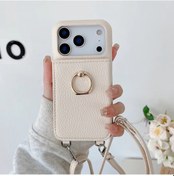 Resim Topnotch iPhone Uyumlu 14 Beige Liçi Desenli Katlanır Kartlık Aynalı Cüzdan Kılıf 