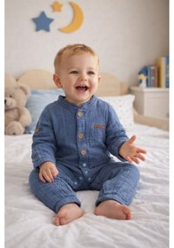 Resim Babyhola Kız Erkek Bebek Tulum Pamuk Müslin Katlanabilir Kollu Çıtçıtlı 22401 Lacivert 