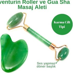Resim Yıldız Doğal Taş Sertifikalı A+nturin Roller + Gua Sha Doğal Taş Masaj Aleti 