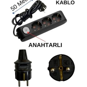 Resim Avarson 3'lü Üçlü Priz Topraklı Anahtarlı Kablolu Siyah 3x1,5 Ttr 50 Elli Metre 