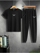 Resim CLAYES Kanat T-shirt Eşofman Altı Jogger - Siyah Baskılı Alt Üst Takım Oversize Bisiklet Yaka 