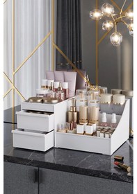 Resim Maxi Home Elegance Makyaj Organizer Beyaz Çekmeceli Kozmetik Düzenleyici Masaüstü Parfüm Ve Takı Organizer Beyaz 
