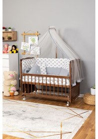 Resim Ahşap Beşik Anne Yanı Beşik Ceviz 60x120 - Gri Balina Uyku Seti Yatak Tekerlekli Ceviz 