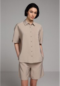 Resim Colin's Colins Fashion Fit Shirt Neck Düz Kadın Açik Kahverengi Kısa Kol Gömlek Cl1078919 Q1.v2 Lbr 
