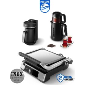 Resim Philips 2200W Hızlı Pişirme Için Yüksek Güç, Çıkarılabilir Yapışmaz Plakalar 5000 Serisi Izgara ve Tost Makinesi+Türk Kahve Makinesi + Çay Makinesi 1700W + Mutfak Tartısı 