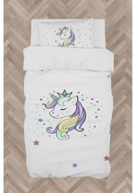 Resim Mekta Home Bebek Ve Çocuk Odası Renkli Unicorn Desenli Beyaz Nevresim Takımı 