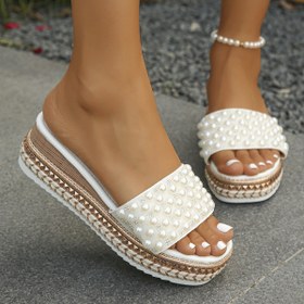 Resim 1 Çift Kadın Modası Platform Kaydırmalı Sandalet, Yazlık Açık Burunlu İnci Süslemeli Slip-On, Kaymaz Kauçuk Taban, Suni Malzemeler, Rahat Açık Hava Giyim İçin Su Geçirmez Kalın Taban 