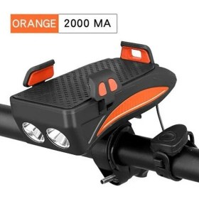 Resim GongtuShop Turuncu 2000MAH Tarzı 400 Lümen Bisiklet Işık Bisiklet El Feneri LED Işlevli 4 1 Bisiklet Kornası Tutucu Güç Bankası Bisiklet Ön Lamba Telefon Standı Tutucu (Yurt Dışından) 