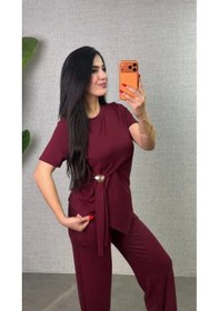 Resim Efnaz Style Kadın Kısa Kollu Bisiklet Yaka Yandan Toka Detaylı Viskon Iki Iplik Bluz Ve Pantolon Ikili Takım Bordo 