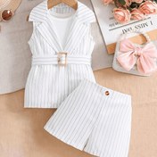 Resim 2 adet Kız Kıyafeti Seti - Casual Polyester Yaka Kollu Yaka Detaylı Şeritli Yelek Üst ile Eşleşen Şort ve Kuşak, Esnek Olmayan Dokuma Kumaş, İlkbahar/Yaz için Düzenli Beden, Outdoor için 