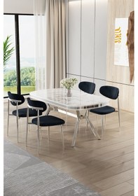 Resim Canisa Olya Serisi 90x168 Lak Panel Beyaz Mermer Desen Masa Takımı Krom Ayaklı 4 Antrasit Sandalye Beyaz Mermer Masa Antrasit Sandalye 