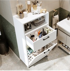 Resim Çamaşır Sepetli Banyo Dolabı, Çok Amaçlı Çekmeceli Dolap 60 Cm Mat Beyaz 