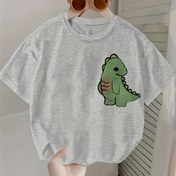 Resim Erkek Çocuklar için Sevimli Yeşil Dinozor Grafikli Tişört - Yumuşak Polyester Karışımı, Bahar ve Yaz için Rahat Yuvarlak Yaka Kısa Kollu Tişört 