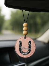 Resim Cekuonline Kişiye Özel İsim Yazılı 1.Sınıf Deri Ahşap Dekorlu Dikiz Aynası Süsü Pudra Pembe - U Harfi 