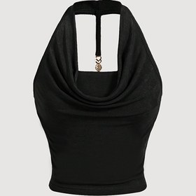 Resim Kadınlar için Ayarlanabilir Metal Tokalı ve Taşlı Detaylı Siyah Halter Boyun Üst - Esnek Makinede Yıkanabilir Kumaş, Cruise, Akşam Partisi, Doğum Günü Partisi, Bahar Yaz Sonbahar Günlük & Resmi Giyim, Gece Elbisesi, Büzgülü Yaka, Dokulu Kumaş 