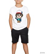 Resim Stranger Things Dustin Cartoon Beyaz Çocuk Tişört Siyah 
