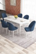 Resim Canisa Elf Serisi 80x132 Açılabilir Beyaz Mermer Desen Gold Halkalı Masa Takımı Ve 6 Mürdüm Sandalye 