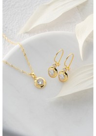 Resim Nereze 925 Ayar Gümüş Burgu Zincirli Gold Tektaş Model Küpe ve Kolye Set 