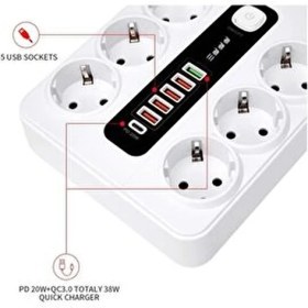 Resim Zoli 6 Akıllı Priz Akım Korumalı 2 Metre Kablolu Beyaz Renkli Anahtarlı USB ve Type-C Bağlantılı 