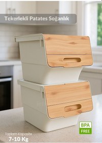 Resim 2 Li Bambu Tekerlekli Sebzelik Patates Soğan Sepeti Şık Organizer Patateslik Soğanlık Kutu 24 L Bambu 