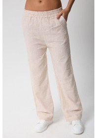 Resim Kadın Beli Lastikli Cepli Keten Pantolon-3 Bej 