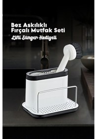 Resim Grimorlife Fırçalı Telli Mutfak Seti Beyaz - Standlı Plastik Mutfak Lifli Sünger Hediyeli Beyaz 