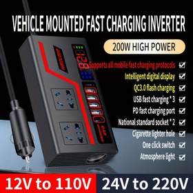Resim 200W Araba İnvertörü: DC12V/24V'den 110V/220V Güç Dönüştürücü, LED Ekran & Hızlı Şarj için 4 USB Portu 