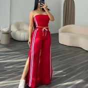 Resim Şık Kadın Kırmızı & Beyaz Çizgili Günlük İki Parçalı Takım - Omuz Açık Crop Top & Yüksek Bel İpli Pantolon, Polyester Karışımı, Makinede Yıkanabilir, İlkbahar/Yaz İçin Mükemmel 