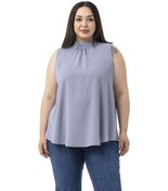 Resim Büyük Beden Yakası Arkadan Düğmeli Dik Yaka Dökümlü Kolsuz Gri Bluz Gri 