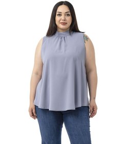 Resim Büyük Beden Yakası Arkadan Düğmeli Dik Yaka Dökümlü Kolsuz Gri Bluz Gri 