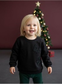 Resim Kız Bebek Pamuklu Kelebek İşlemeli Sweatshirt-16520 Siyah 