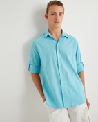 Resim Keten Görünümlü Gömlek Kol Detaylı Düğmeli Uzun Kollu Regular Fit 