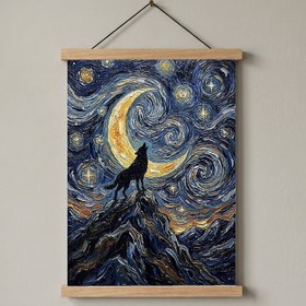 Resim Black Wolf Howling Crescent Moon Print - Van Gogh-Style Mountain Wall Art - With Hanger - Wood / 24 x 36" (60x90 cm) 