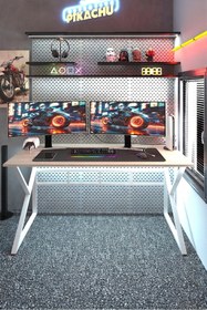 Resim TEKATEL Oyuncu Masası Bilgisayar Masası Ofis masası Metal ayaklı Çalışma Masası Çam - Beyaz 140X60 