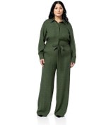 Resim Büyük Beden Beli Tünelli Ve Arkadan Lastikli Geniş Paça Haki Tulum Haki 