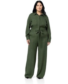 Resim Büyük Beden Beli Tünelli Ve Arkadan Lastikli Geniş Paça Haki Tulum Haki 