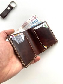Resim %100 Hakiki Deri Cüzdan Ve Anahtarlık Seti , El Yapımı Cüzdan-kartlık, Retro Tasarım - Erkek Hediye Kestane 
