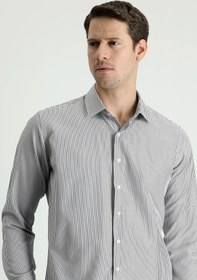 Resim Siyah Uzun Kol Slim Fit Dar Kesim Çizgili Pamuklu Kolay Ütülenebilir Gömlek 