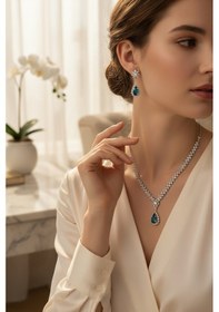 Resim Gümüş Kaplama Yeşil Damla Taşlı Şık Düğün Seti Gümüş 