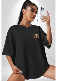Resim Bereket Fil Hintli Tasarım Siyah Oversize Unisex Ön Sol Yan Minimal Baskılı Tişört Koyu Siyah 