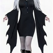 Resim Noel Cadılar Bayramı Sonbahar Siyah Geniş Kollu Bel Bağlamalı Elbise 