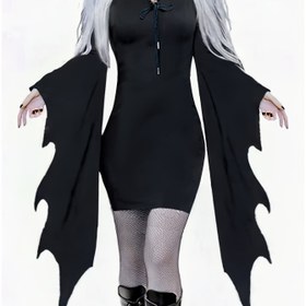 Resim Noel Cadılar Bayramı Sonbahar Siyah Geniş Kollu Bel Bağlamalı Elbise 