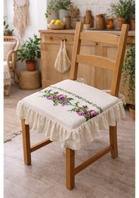 Resim Romantik Ege Mor Gül Kanaviçe Nakışlı Fırfırlı Sandalye Minderi Çok Renkli 