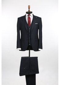 Resim Jakamen Lacivert Slim Fit Yelekli Sivri Yaka Erkek Takım Elbise Lacivert 