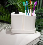Resim Ecolux Creative 3 Parça Banyo Seti - Sıvı Sabunluk - Diş Fırçalık - Süngerlik Hazneli Stantlı Beyaz 